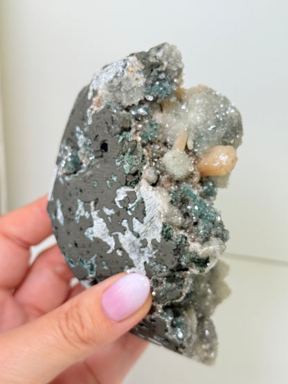 Large Calcite Coated Green Heulandite With Peach Stillbite