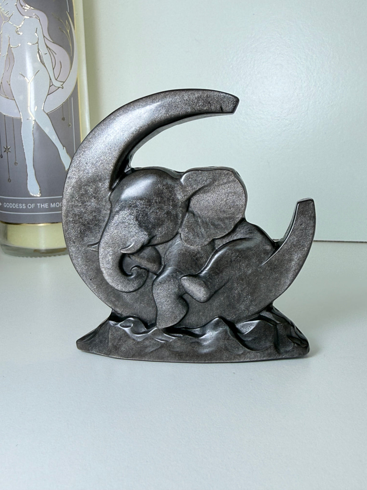 Silver Sheen Obsidian Baby Elephant On Moon