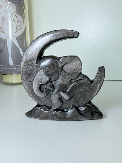 Silver Sheen Obsidian Baby Elephant On Moon