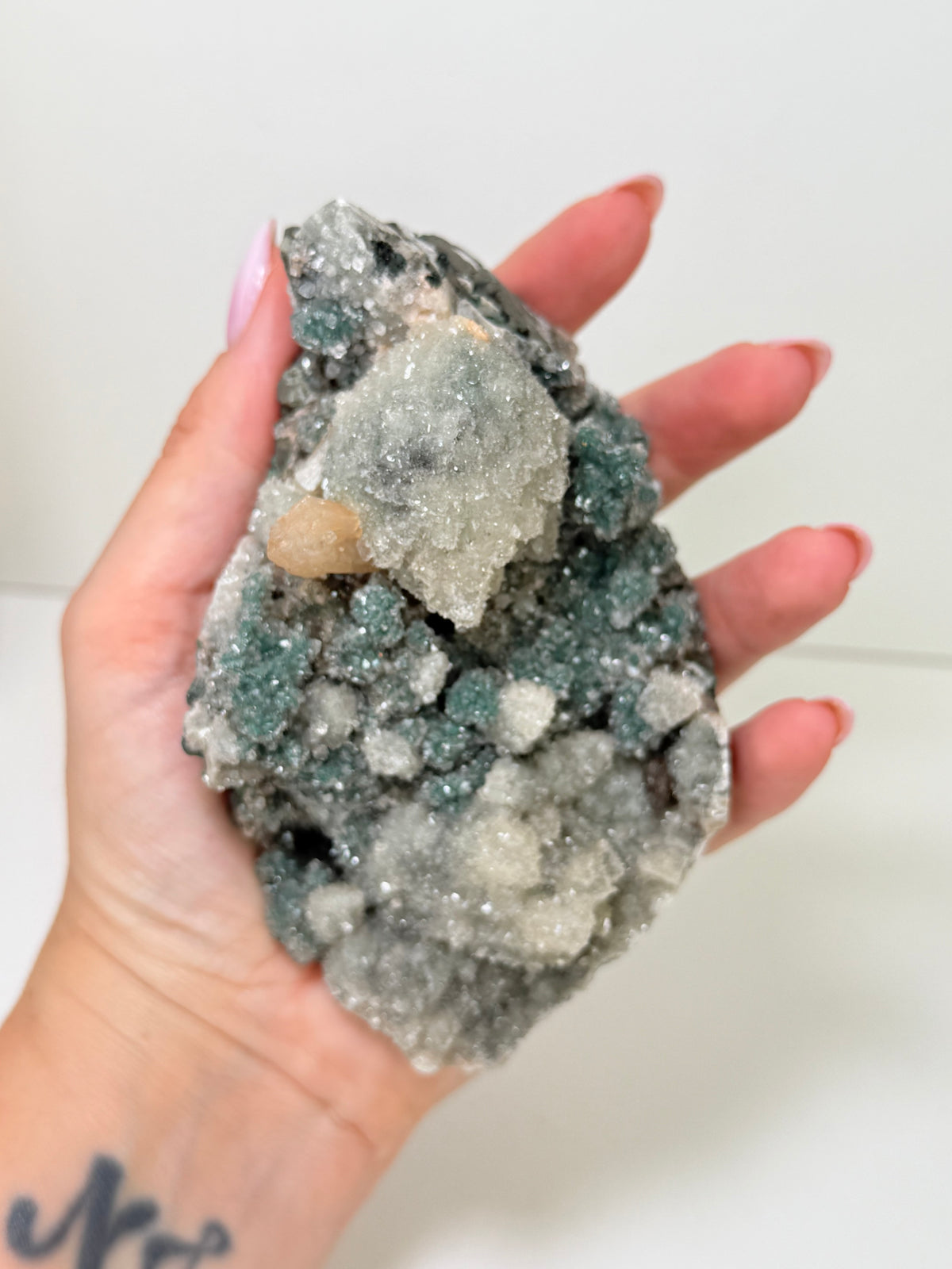 Large Calcite Coated Green Heulandite With Peach Stillbite