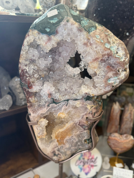 XL Pink Amethyst Slab on Rotating Stand