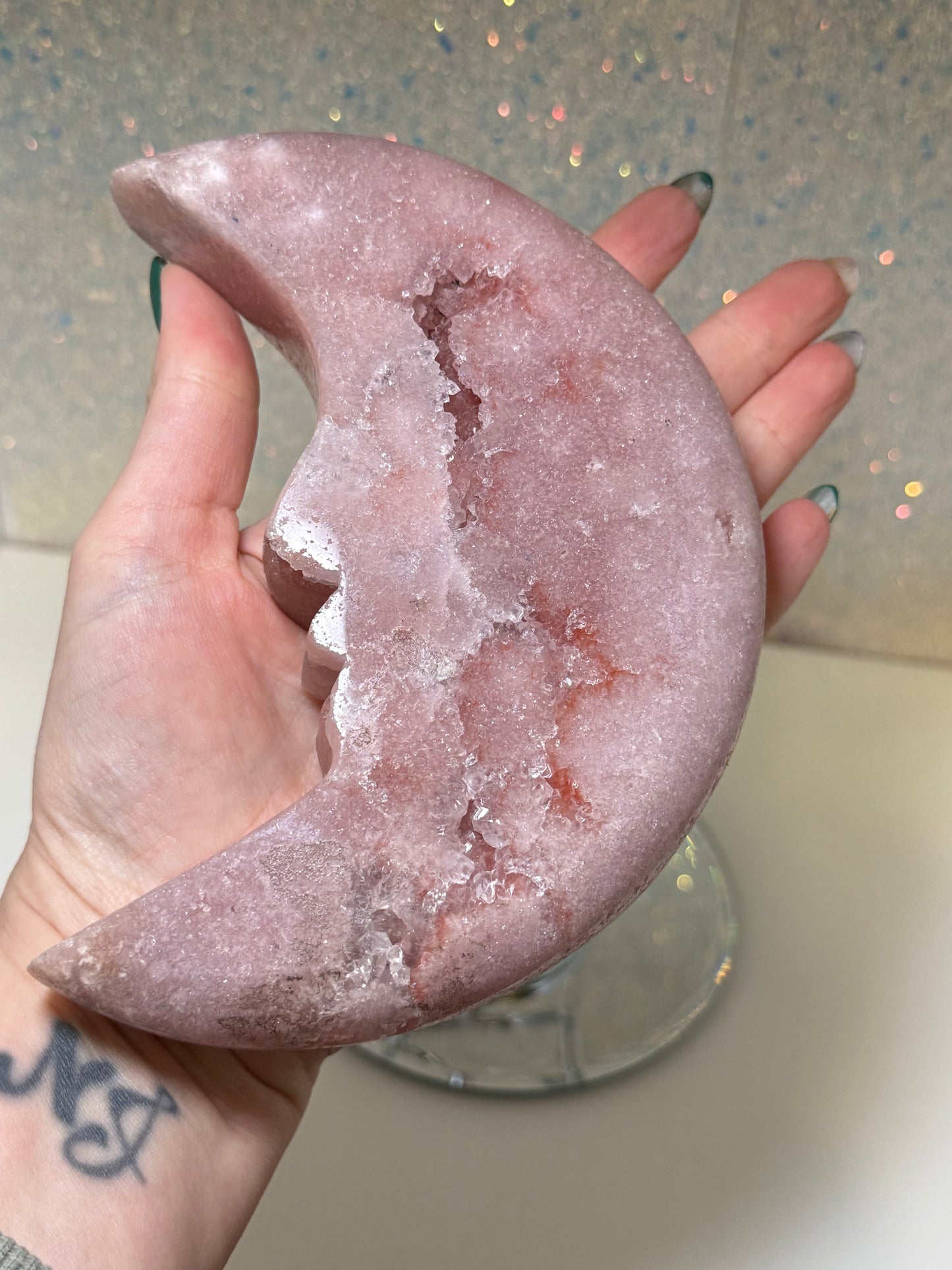 Large Pink Amethyst Moon On Stand