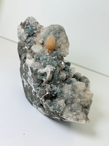 Large Calcite Coated Green Heulandite With Peach Stillbite